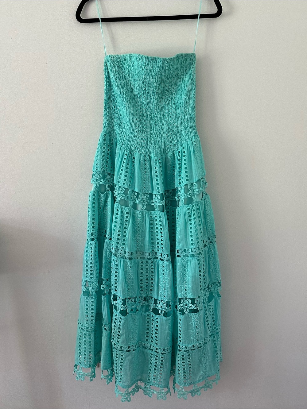 Smocked Strapless Eyelet Maxi Dress in Aqua Blue